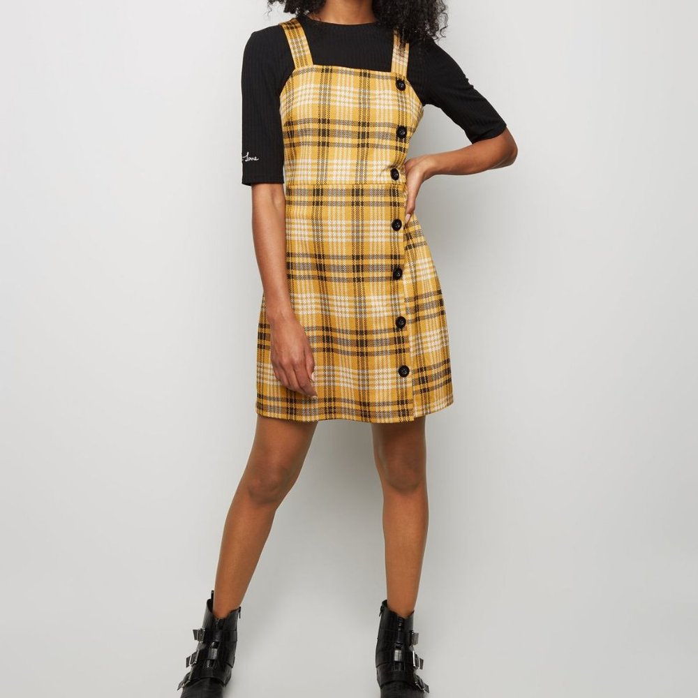 NWT New Look Yellow Mustard Plaid Pinafore Dress with Side Buttons